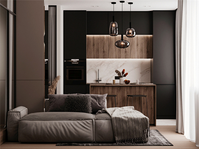 4米大客廳包含客餐廚區(qū)域，105㎡侘寂風(fēng)將簡(jiǎn)約做到極致！