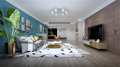 天津新房裝修|109㎡清新北歐風(fēng)，客廳孔雀藍(lán)加原木的配色真的太絕了！